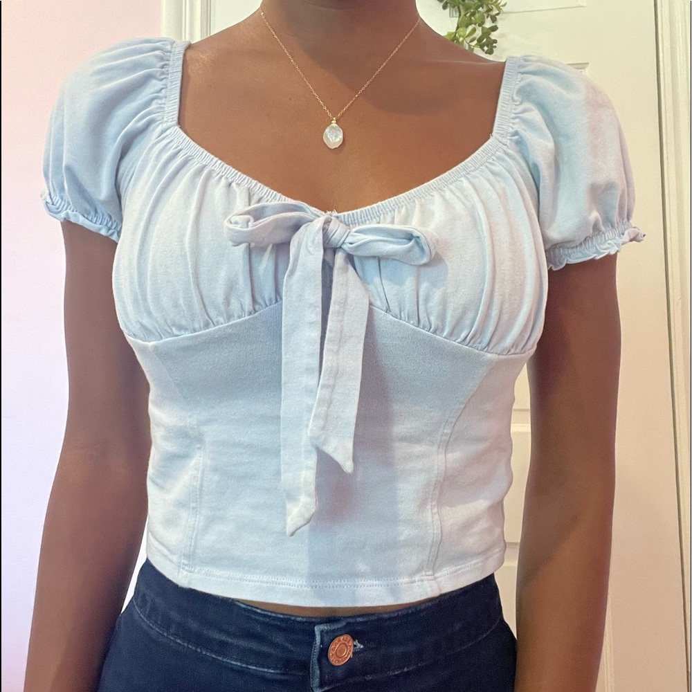 Light blue Garage puff sleeve crop top